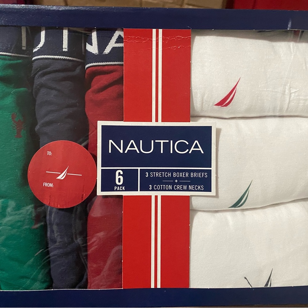 3 Cotton White Crew Necks  
3  Stretch Boxer Briefs Red Navy Green